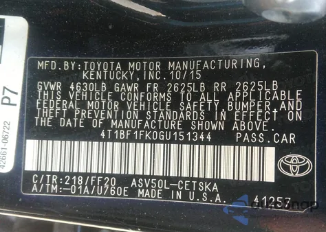 2016 Toyota Camry Se from USA, damaged, VIN 4T1BF1FK0GU151344
